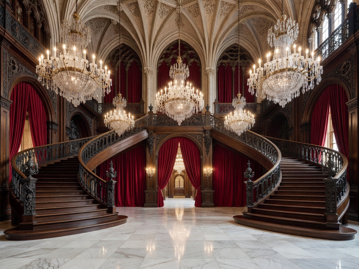 A magnificent ballroom with crystal chandeliers, marble floors, grand staircases, red velvet curtains, and elegant gothic architecture
