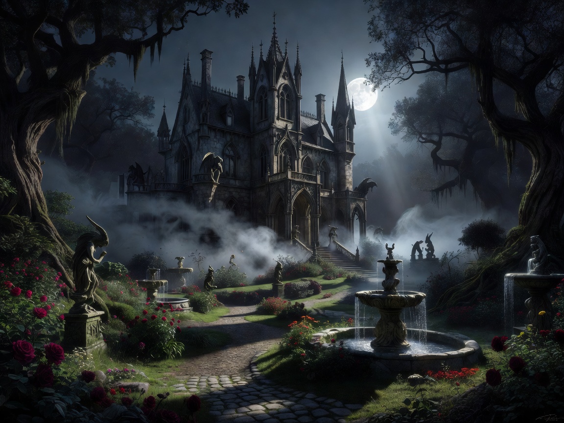 A panoramic view of the vampire manor surrounded by misty gardens, ancient trees, moonlight, fountains, and elegant gothic architecture