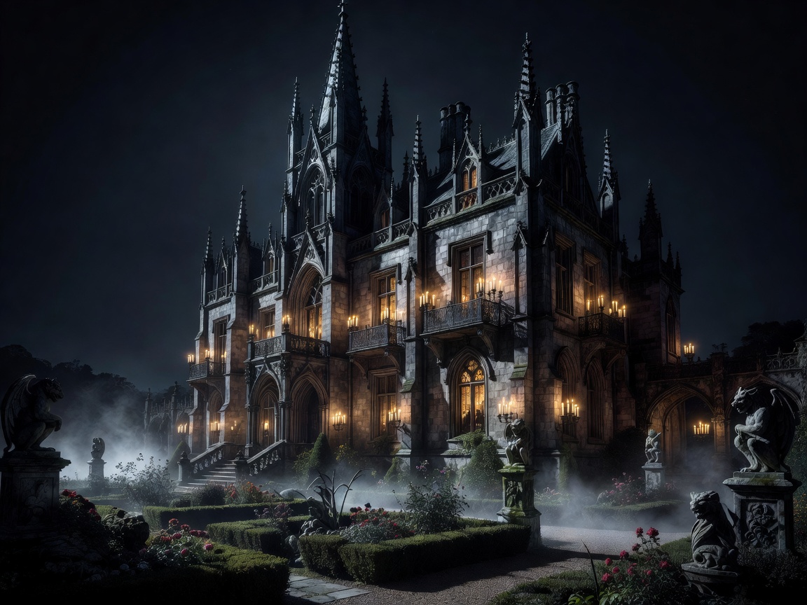 An elegant gothic manor beneath a full moon with towering architecture, glowing windows, candlelit balconies, stone gardens, and mysterious aristocratic atmosphere