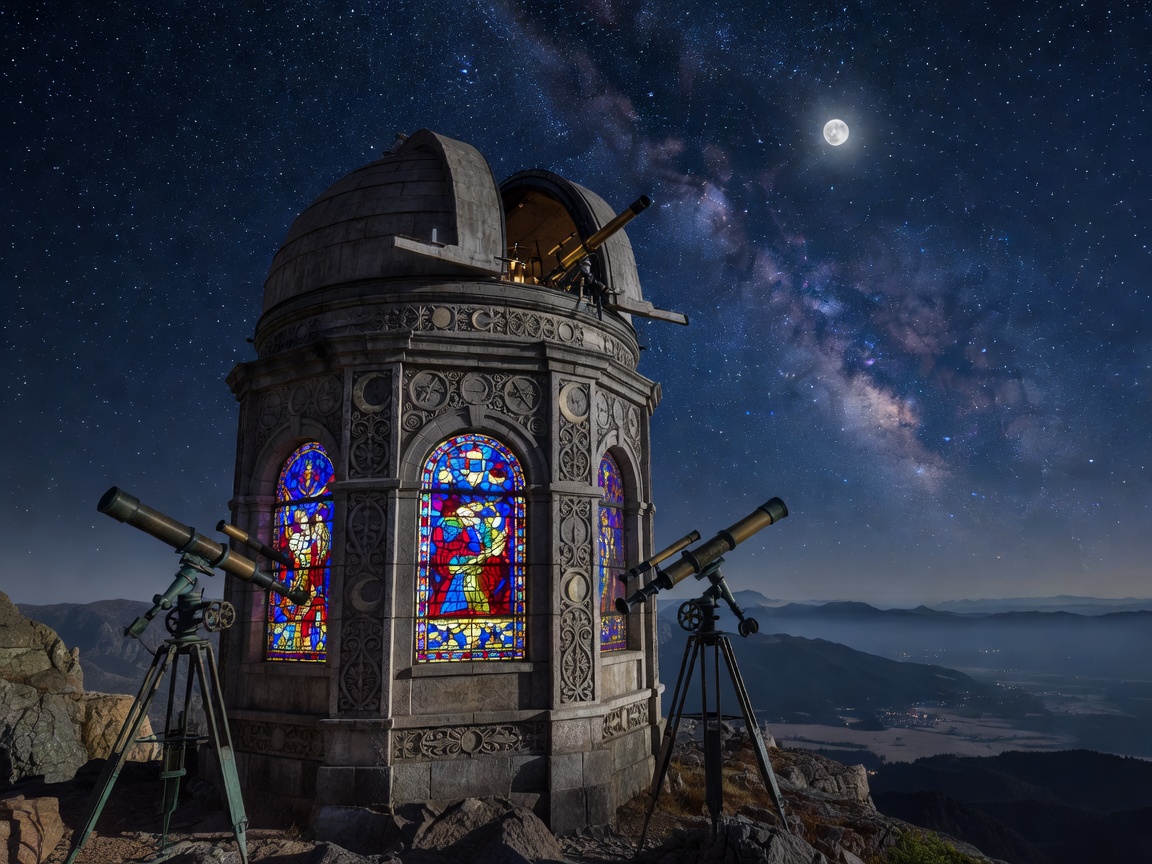 A moonlit observatory tower with antique telescopes, stained-glass windows, ornate stonework, and panoramic night views