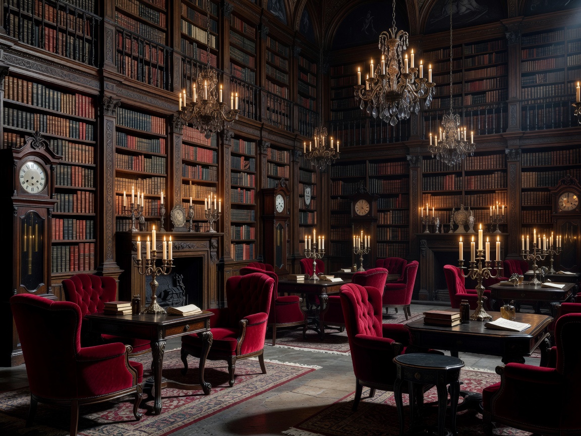 A luxurious vampire library featuring towering bookshelves, chandeliers, velvet chairs, antique clocks, candles, and dark oak furniture
